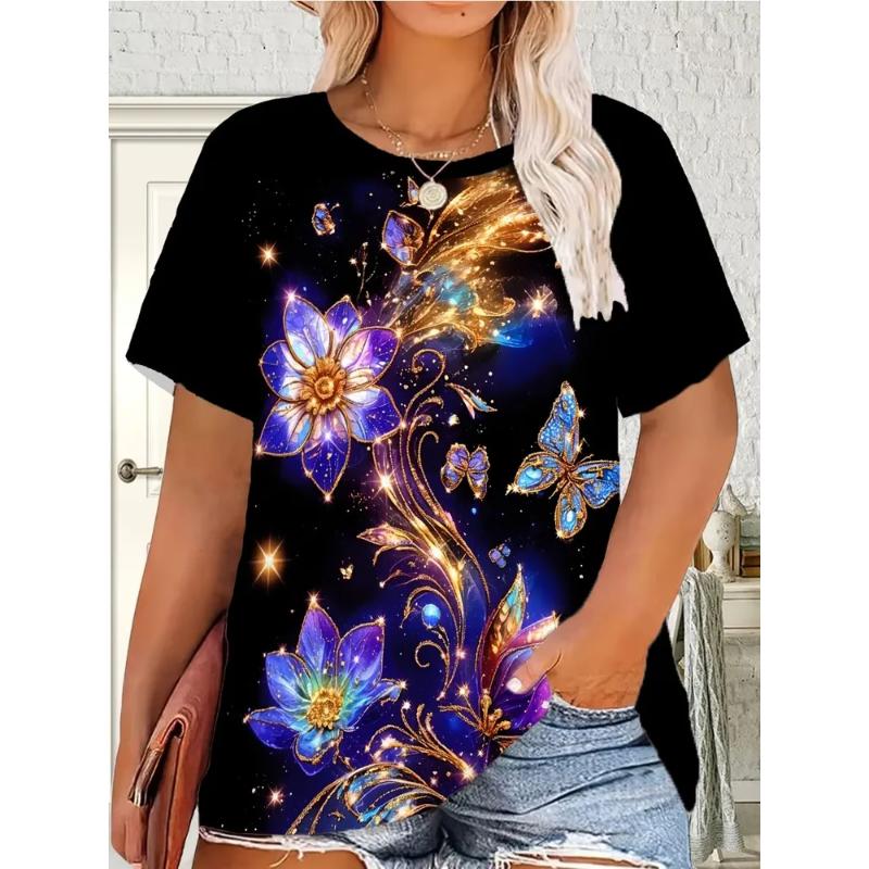 Fashion Women's Crew Neck Short Sleeve 3D Flower Color Printing Flower Short Sleeve Crew Neck T-Shirt