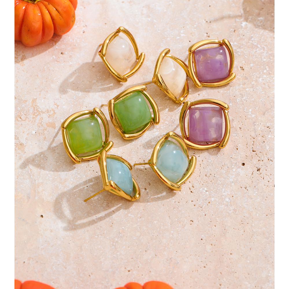 Yhpup Joyful Candy Multi-Color Resin Acrylic Square Stud Earrings Stainless Steel Y2K Popular Jewelry Blue Green Purple White
