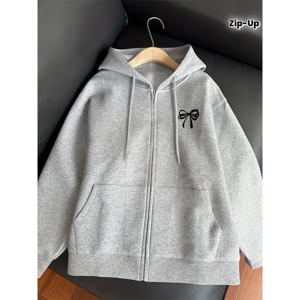 Zipper Hooded Sweatshirt Jacket, Creative Bow Pattern Chest Print, Fashionable and Versatile Autumn and Winter New Hooded Drawstring S