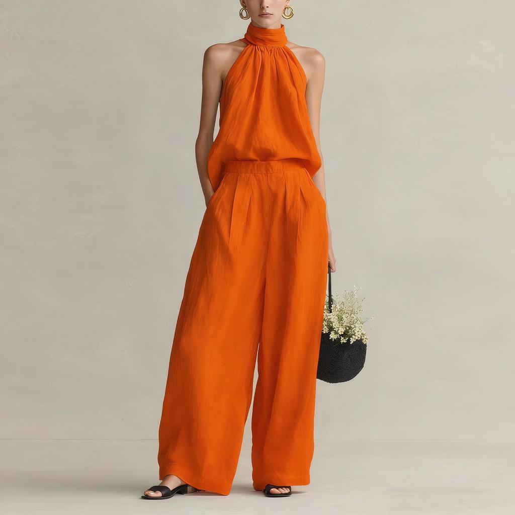 Damen ärmelloses Neckholder-Top und elastische Weitbein-Hose Zweiteiliges Set Baumwoll-Leinen Lässiges Outfit