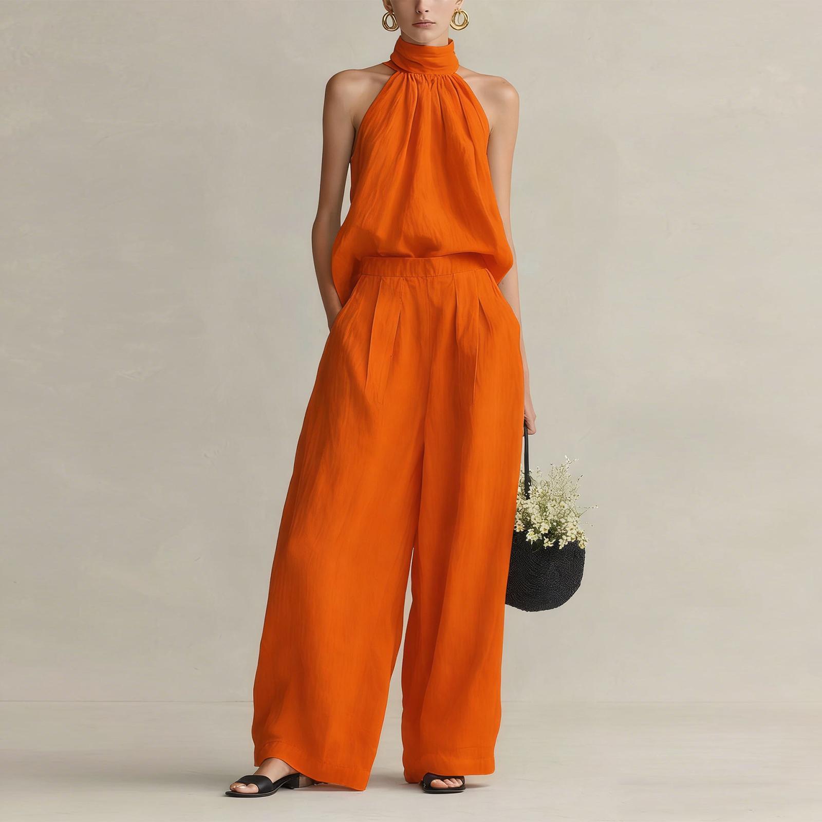 

Women s Sleeveless Halter Neck Top and Elastic Waist Wide Leg Pants Two Piece Set Cotton Linen Casual Outfit S