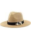 Women's Pearl Elastic Belt Big Eaves Straw Hat Spring Summer British Style New Outdoor Travel Shade Jazz Straw Hat