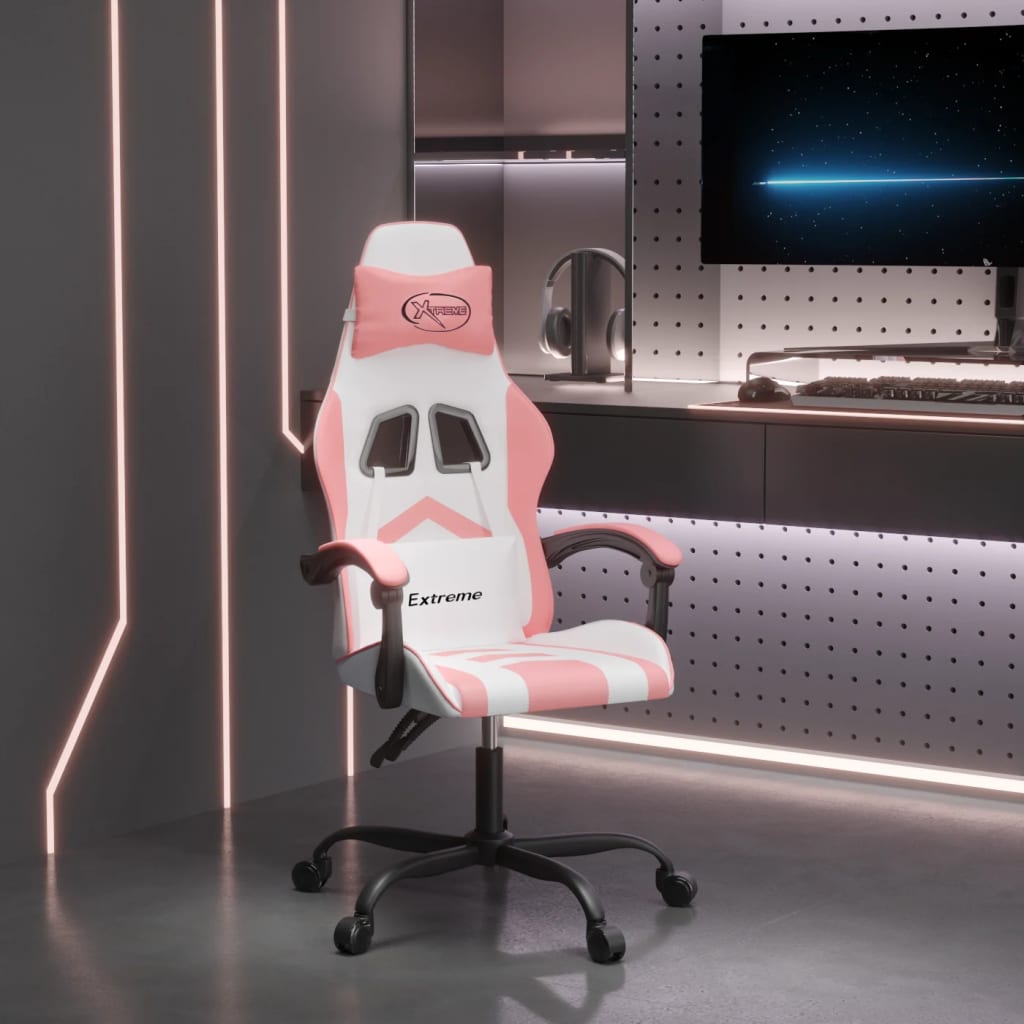 Gaming Chair Swivel White and Pink Artificial Leather