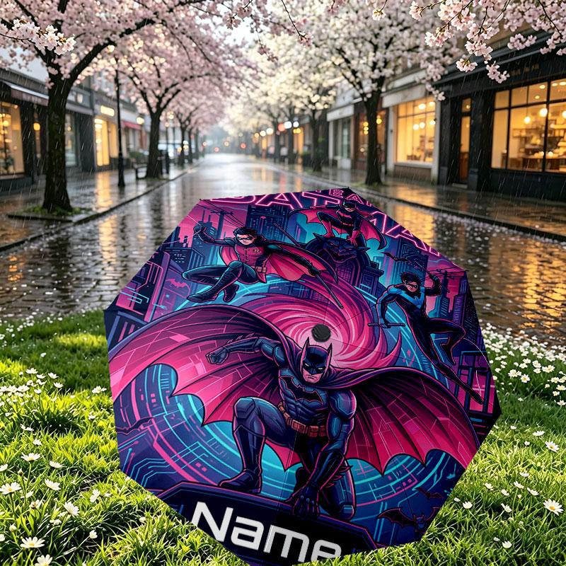 Custom Name Personalized Batman Print Umbrella, Auto Open Close, 8‑Rib Sturdy Frame, Commute Camping Hiking Use, Birthday Gift