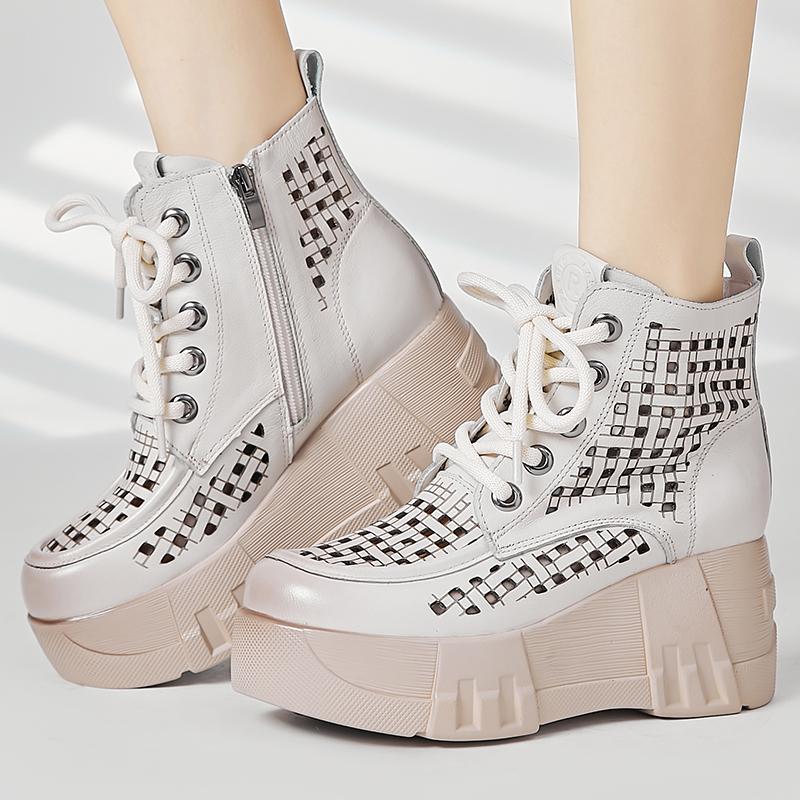 Fashion GKTINOO 2025 New Design Summer Women Boots Genuine Cow Leather Hollow Out Height Increasing 7cm Wedges Heel Platform Ankle Boots