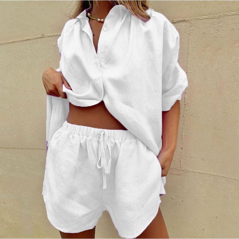 

Short Sleeve Shirt Shorts Two-piece Set Women White L