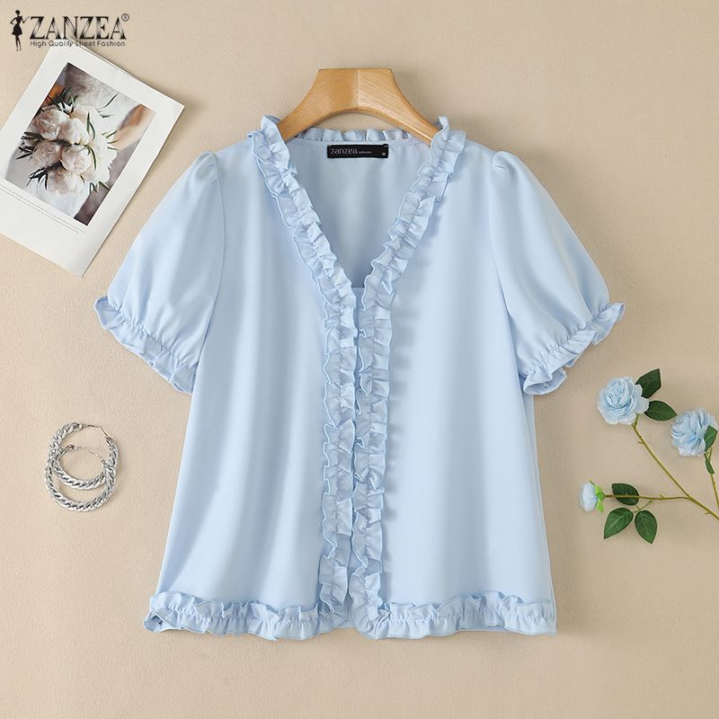 ZANZEA Blusa Casual da Donna con Scollo a V Tinta Unita Maniche Corte Larghe