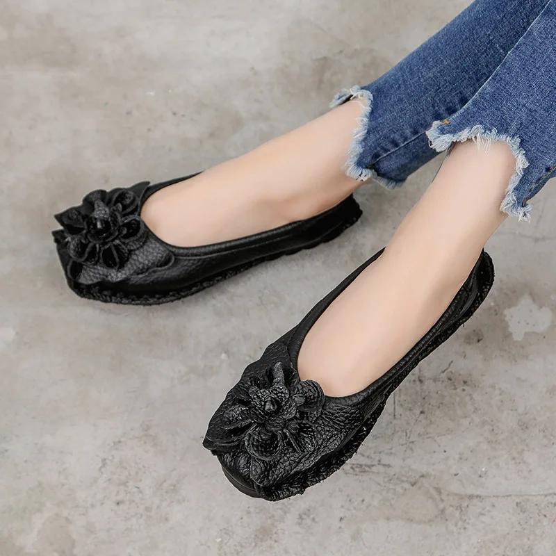 Fashion 2025 Soft Genuine Leather Flat Shoes Women Flats with Flowers Ladies Shoes Women Designers Loafers Slip On Hot Selling