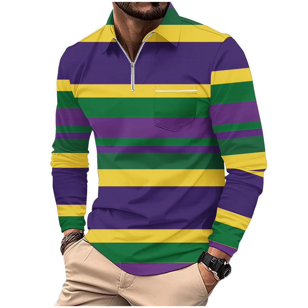 Fashion Polo Shirt Men's Printed Long Sleeve Zip Pocket Sports Polo Shirt Men's Striped Sweatshirt