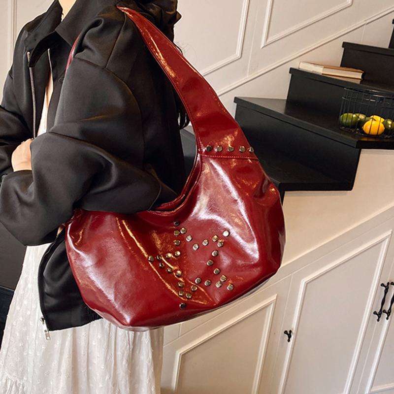 Retro Star Rivet Tote Bag Solid Pu Leather Shoulder Bag Large Capacity Female Casual Shopping Underarm Pack Lady Handbag
