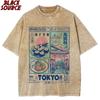 Retro washed cotton black monster smile gradient color pattern T-shirt, oversized round neck casual hip-hop street wear T-shirt