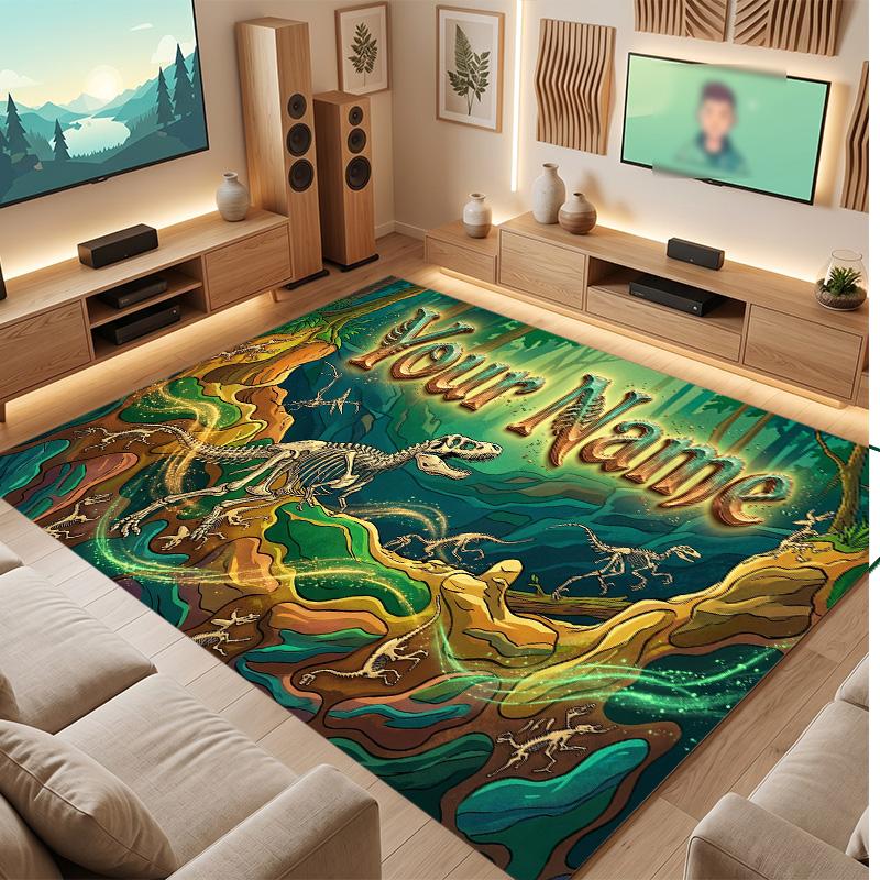 Dinosaur Theme Soft Crystal Velvet Rug Custom Name & Text Print Non Slip Floor Rug for Bedroom Living Room