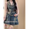 Plus Size Retro Hot Girl Halter Neck Dress - Summer Denim Frayed Edge Skirt