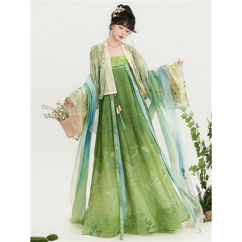 Grünes Hanfu-Set der Tang-Dynastie - Chiffon Qixiong Ruqun mit Pishan-Umhang, Traditionelles Chinesisches Kleid für Damen für Frühling und Sommer