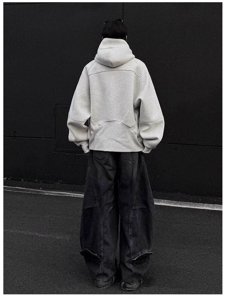 Unisex Deconstructed Solid Color Half-Zip Heavyweight Hooded Pullover Sweatshirt