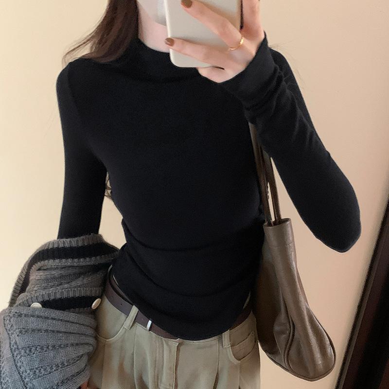 Half Turtleneck Solid Color Fleece Pleated Bottoming Shirt for Women Autumn and Winter New Slim Fit Waist Long-sleeved T-shirt Inside