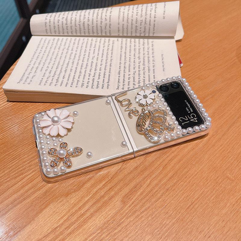 For Samsung Zflip4 Transparent Mobile Phone Case Three-dimensional Rhinestone Flower Light Luxury Crown Ins Style Zflip3 Niche
