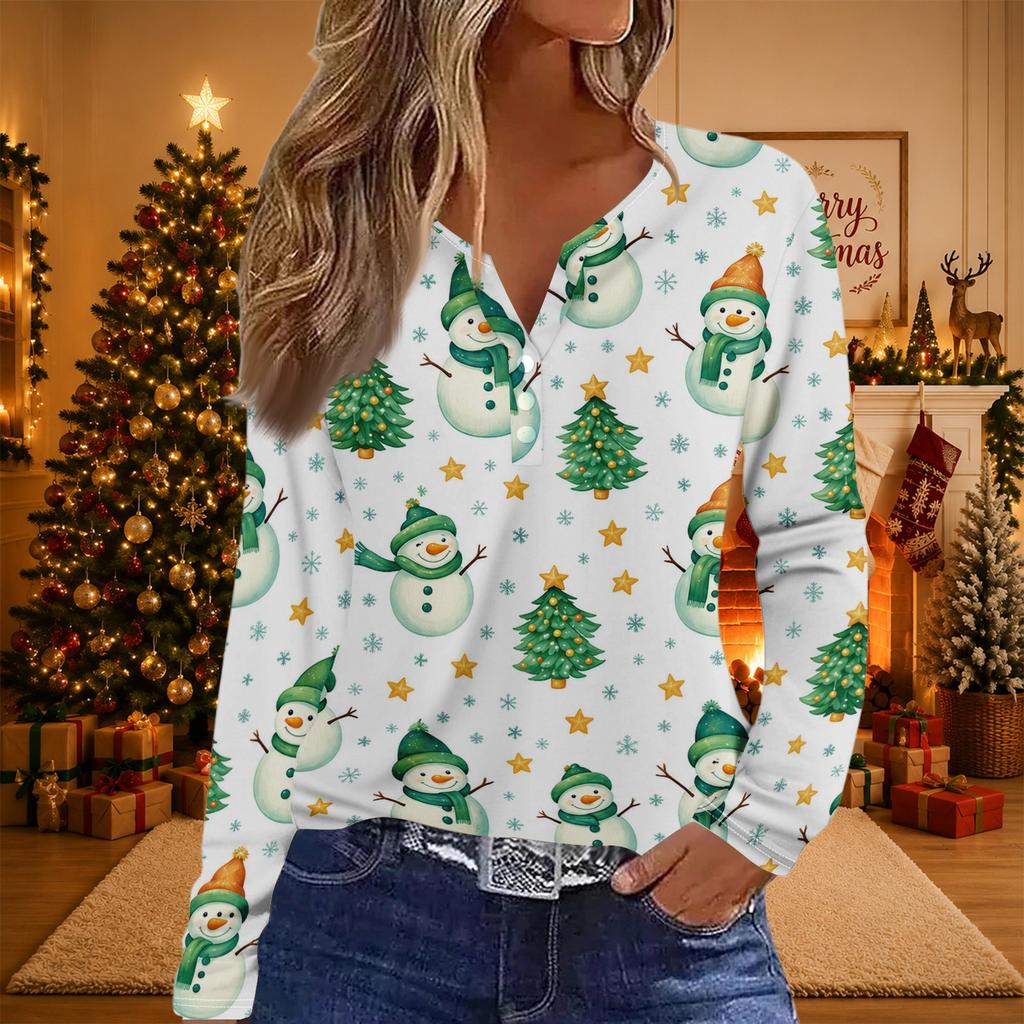 Women's Casual Christmas Print V-Neck Long Sleeve T-Shirt with Button
