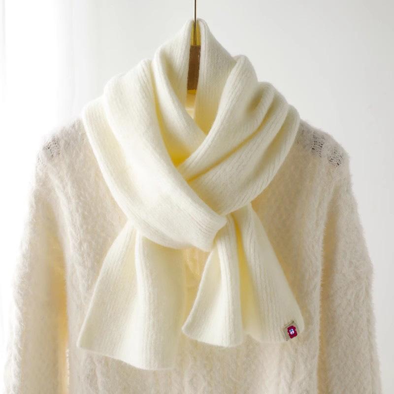 Knitted wool scarf boys and girls winter solid color milky white beige short small scarf neck protection warm soft waxy versatile