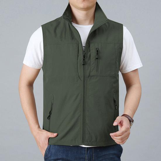Colete Masculino Gola Alta Sem Mangas Fechamento com Zíper Cor Sólida Casaco Colete com Bolsos Colete de Pesca para Exterior