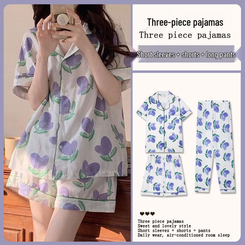 Summer Fashion Pajamas: Women's Short Sleeve Three-Piece Set with Cartoon Pacha Dog Design, Suitable for Home or Outdoors