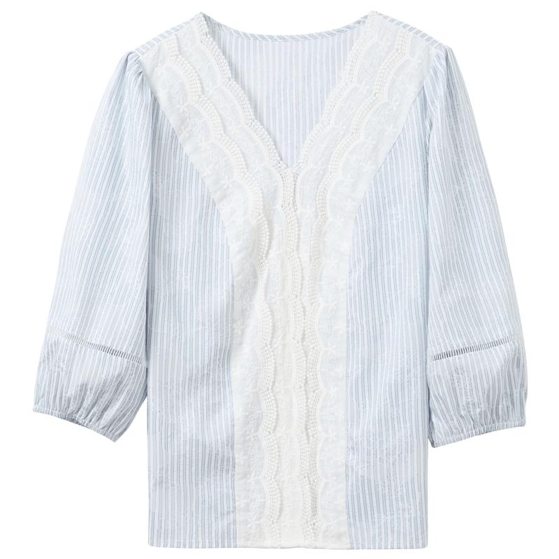 

Sancai 2026 Summer Stripe Lace V-Neck Seven-Quarter Sleeve Blouse