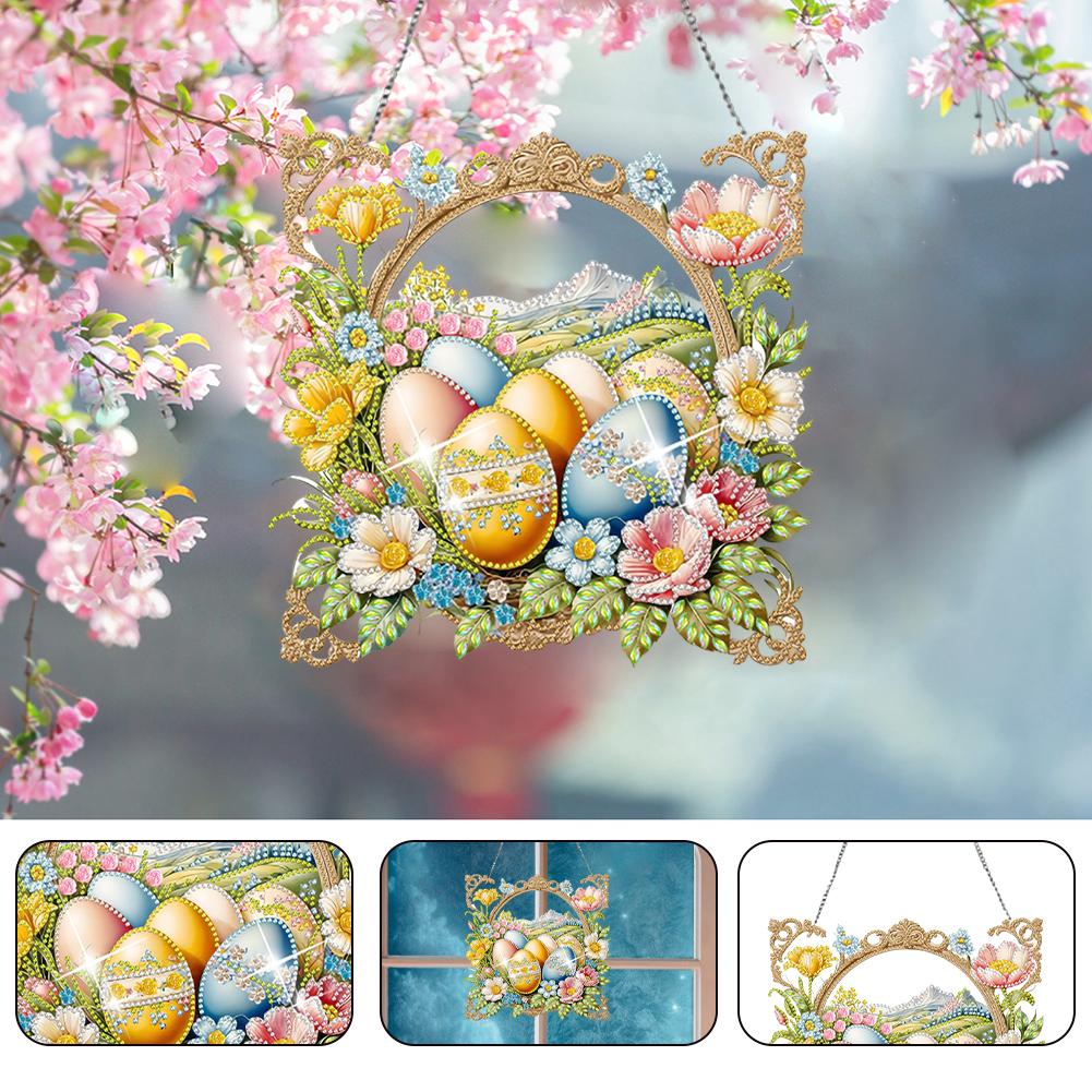 Easter Egg Theme 2D/Flat DIY Hanging Diamond Art Kits Diamond Painting Set Diamond Art Pendant Window Hanging Art for Home Decor