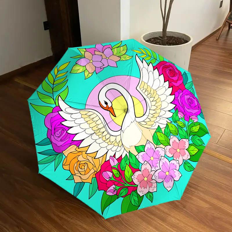 

Floral Swan Design Automatic Opening/Closing Umbrella with Foldable Design, , Travelers, Daily Use - Perfect Gift for Festivals!1121211a