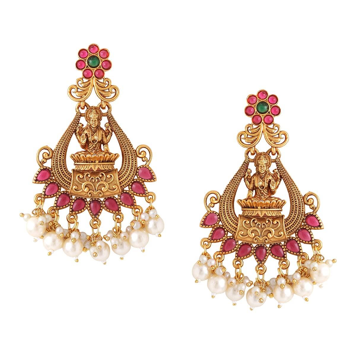 Earrings for Women and Girls Traditional Chandbali Earrings Gold Plated | Beads Drop Temple Earrings Onesize