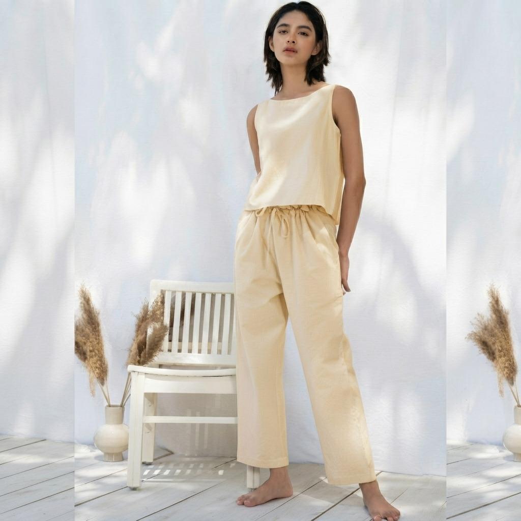 Linen Two Piece Set Women Cross Back Top Paperbag Pants Co-ord