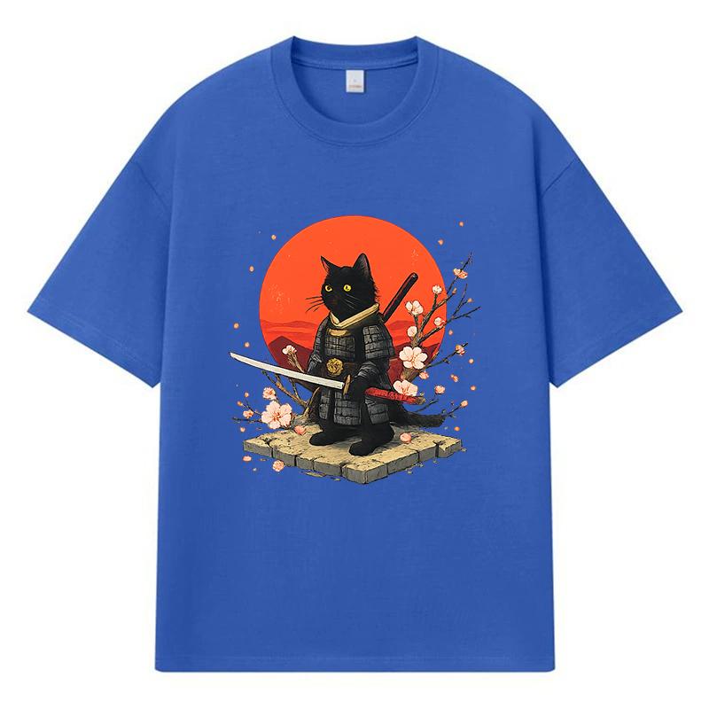 2026 Black Cat Samurai Printed Graphic Y2k Harajuku Streetwear 100% Cotton T Shirt Casual Oversized Summer Men T-shirt