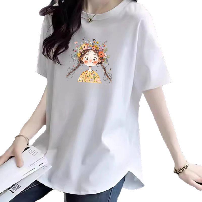 2025 Summer Women's Loose Fit Cartoon Cotton T-Shirt with Hip-Covering Mid-Length Design