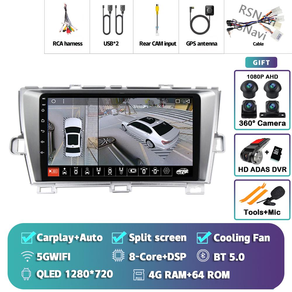 Android 14 Carplay Auto For Toyota Prius 2009 - 2015 Car Radio 4G+WIFI Player Multimedia Stereo 360 Camera Navigation Video GPS