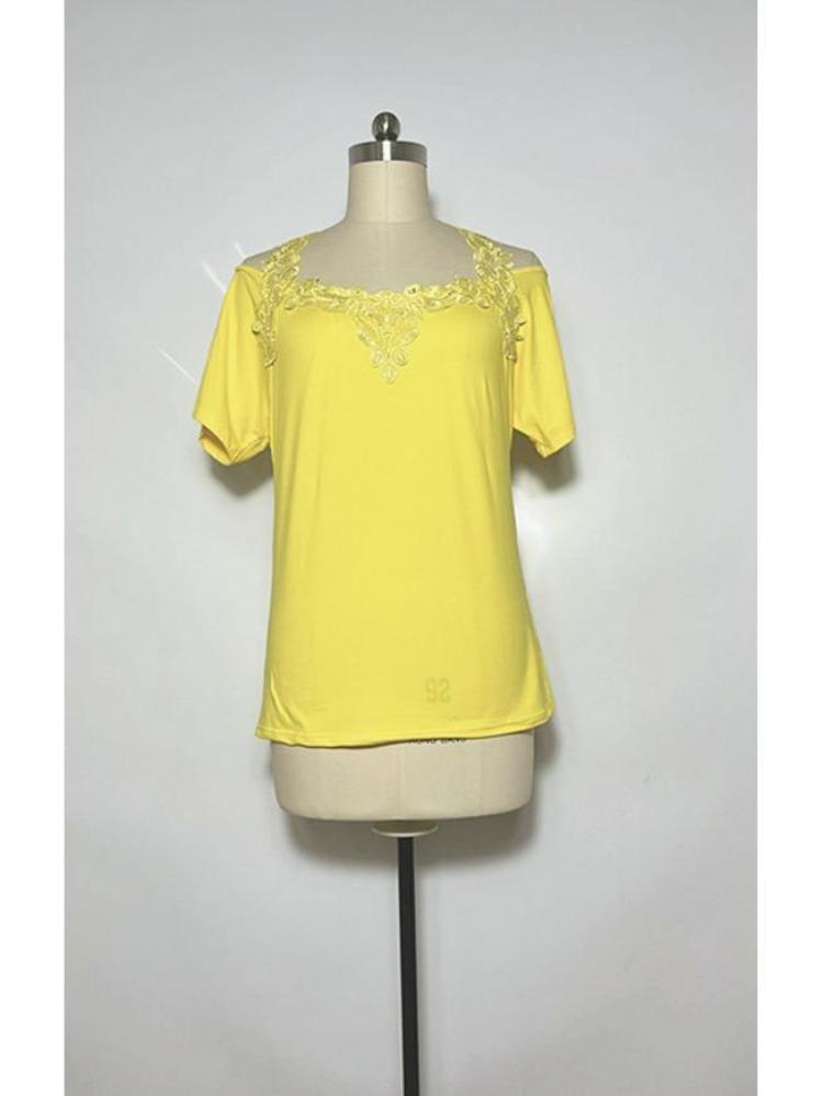 American Style European Women's Casual Loose V Neck Short Sleeve T Shirt with Lace Splice