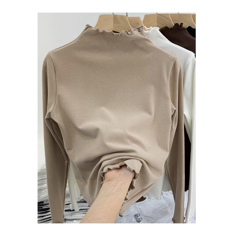 

Women s Velvet Semi-high Neck Base Shirt Autumn and Winter Velvet Long Sleeve Fungus Side Stand Collar Foreign Style Inner Top XL
