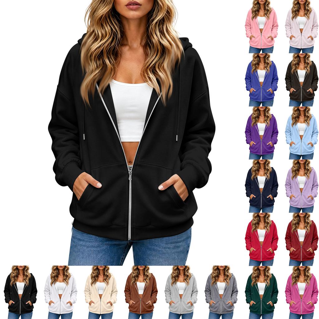 Felpa da donna casual con zip e maniche lunghe, giacca sportiva con colore