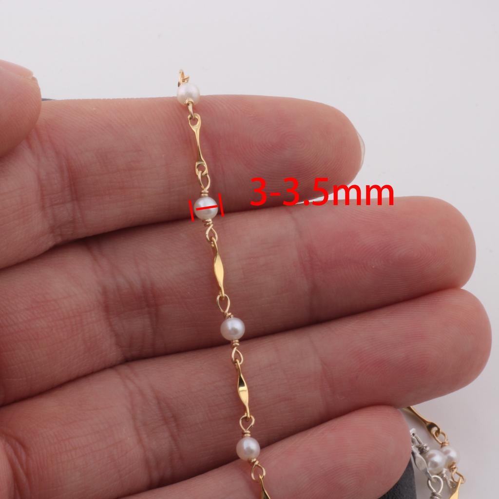 14K Gold Filled Dapped Bar Chain Beaded 3-3.5mm Fresh Water Pearls for DIY Permanent Handmade Necklace Bracelet Jewelry Making