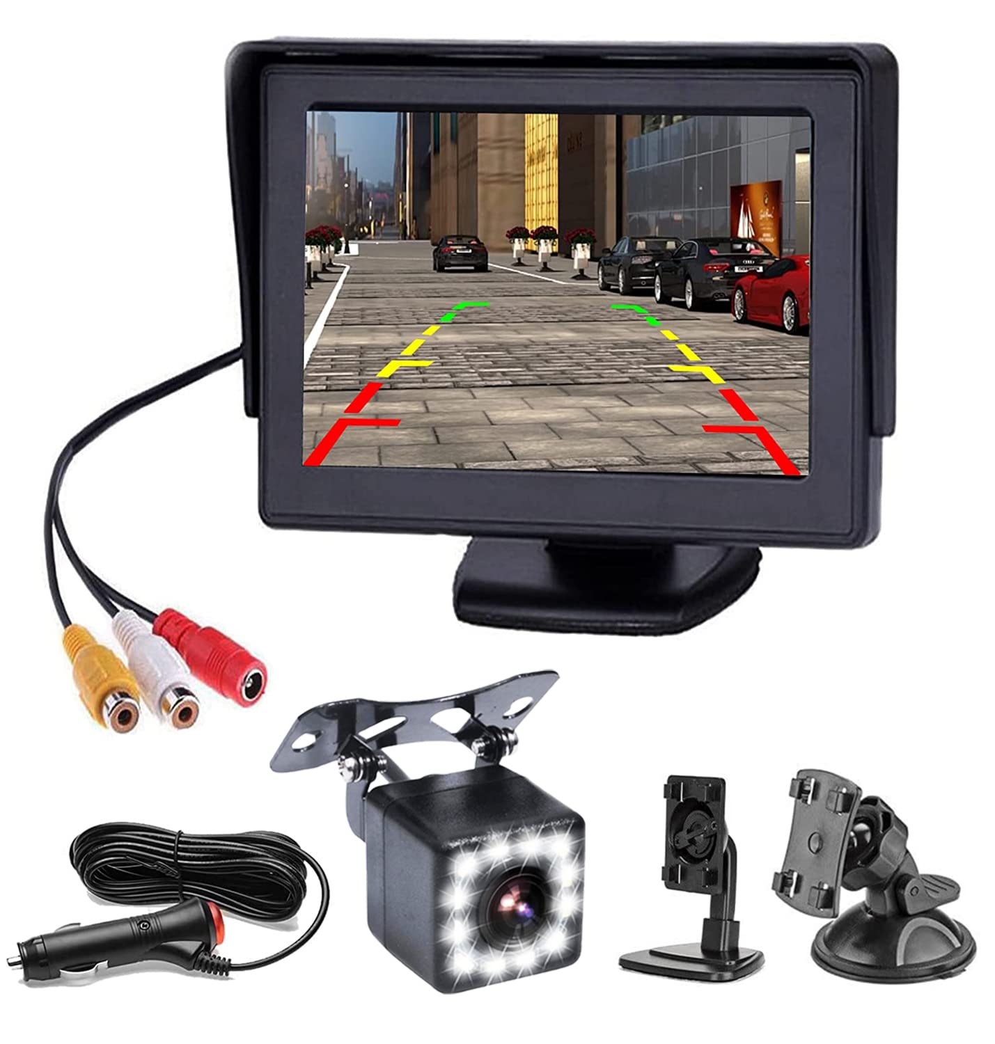 

Tigwiss Backup Camera Monitor LCD Rear 12 LED Guide Switchable between Normal and Mirrored IP68 Dustproof and 12V Cigarette Lighter Easy 10m Extension