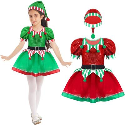 Dětský Dívčí Vánoční Sváteční Outfit Kostým Santa Elf Cosplay Vánoční Maškarní Kostým s Kloboukem