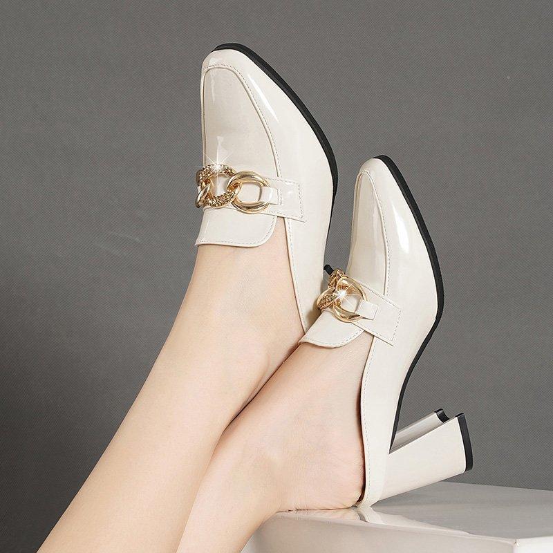 2024 Women's High Heels Spring New Chain Decorate Square Toe Women Shoes Females Fashion Slip On Thick Heel Mary Janes Shoes