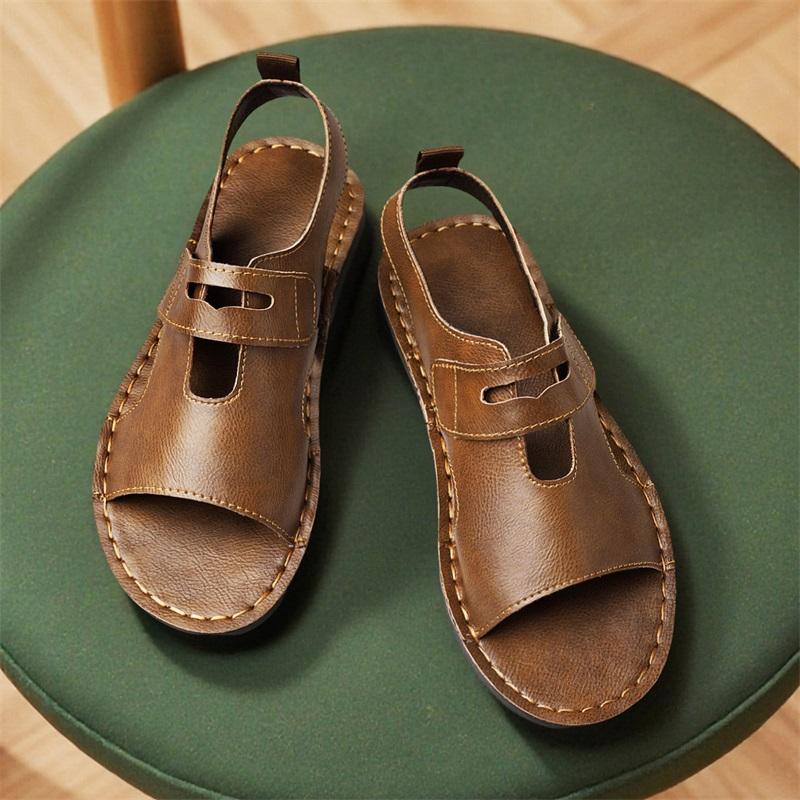 

Men Handmade Simple Flats Sandals Summer Roman Sandals Retro Black Brown Leather Open Toe Beach Shoes Plus Size EU:48 коричневий