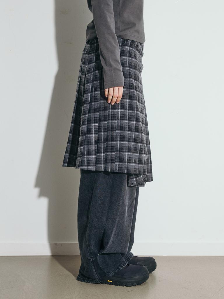 Opish Layered Check Pleats Wrap Skirt, Black
