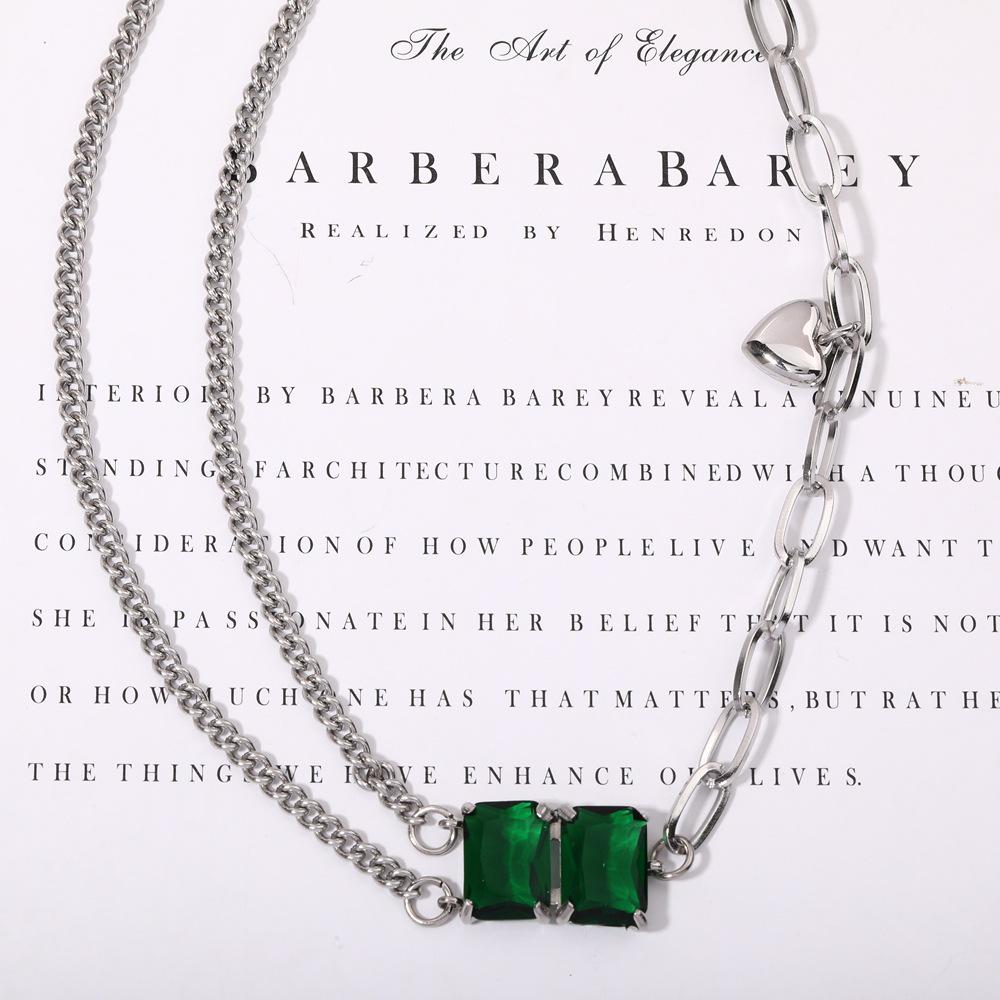 Green Cubic Zirconia Double Layer Titanium Steel Cuban Necklace - Minimalist Streetwear