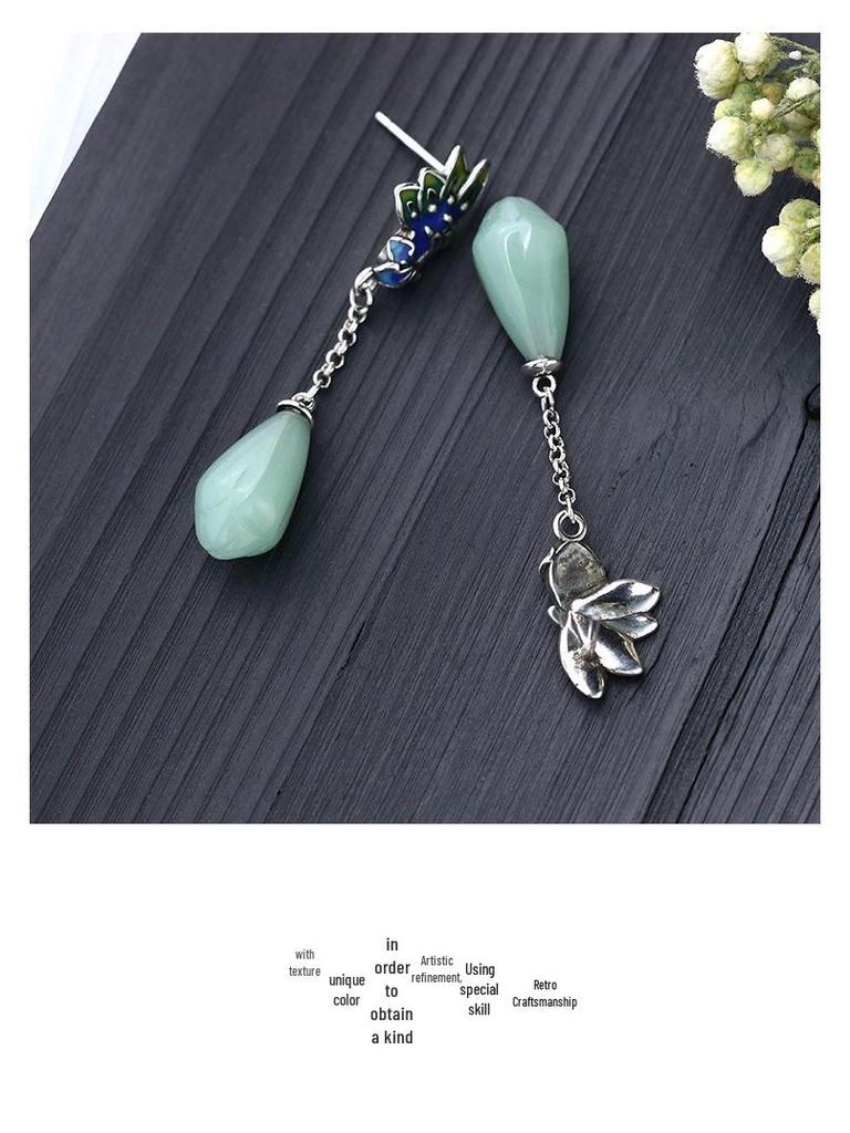 Airyuan Vintage Chinese-Style Peacock Enamel Earrings with Imitation Hetian Jade and Magnolia Flower Design