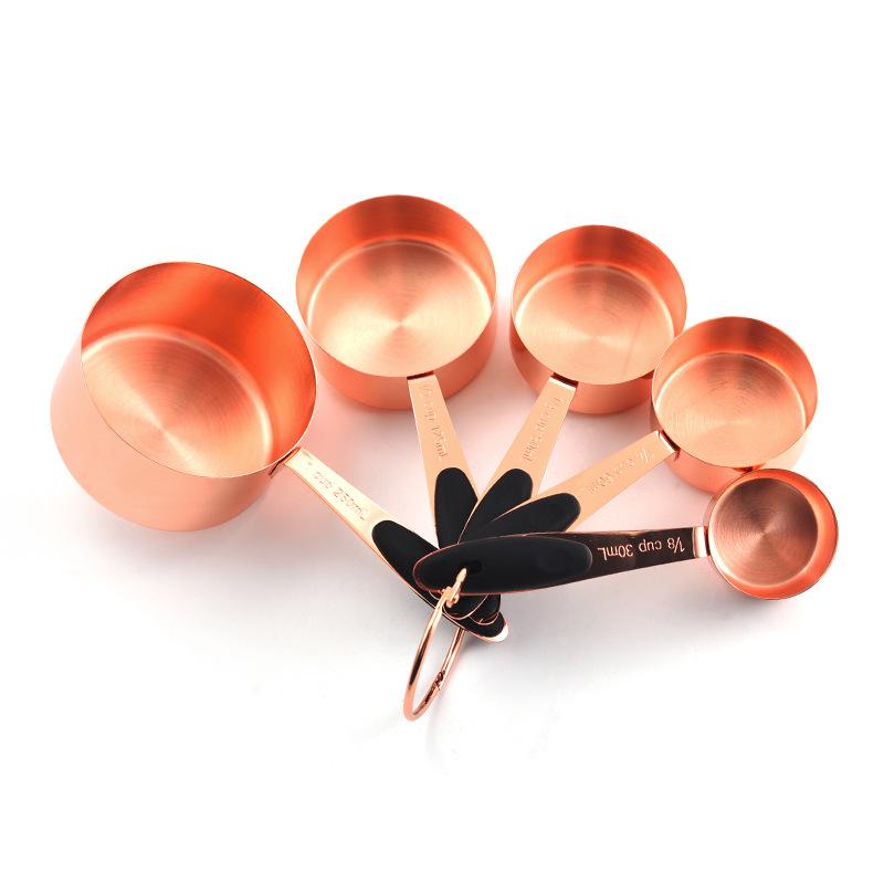 Rose Gold Measuring Set: Stainless Steel 10-Piece Spoons, 16-Piece Spoons, Silicone 5-Piece Set, and Measuring Cups In Stock.