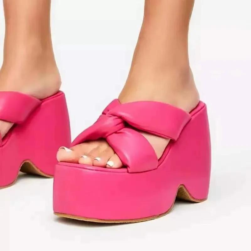 Women's Sandal Slippers 2025 Fashion Hot New Summer Open Toe Round Head Platform Heightening Sandals Fashion Knot High Heels