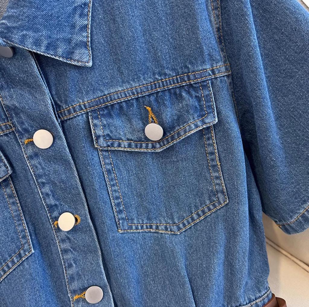 Retro Design Džínové A-liniové Letní Šaty s Krytím Bříška a Zeštíhlením Pasu, Krátký Rukáv