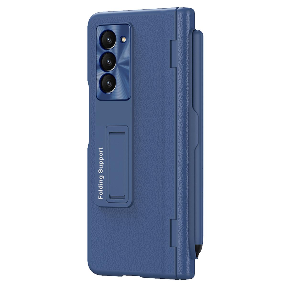 

For Samsung Galaxy Z Fold6 5G Kickstand Case Leather+PC Phone Cover with Stylus and Tempered Glass Film Sapphire