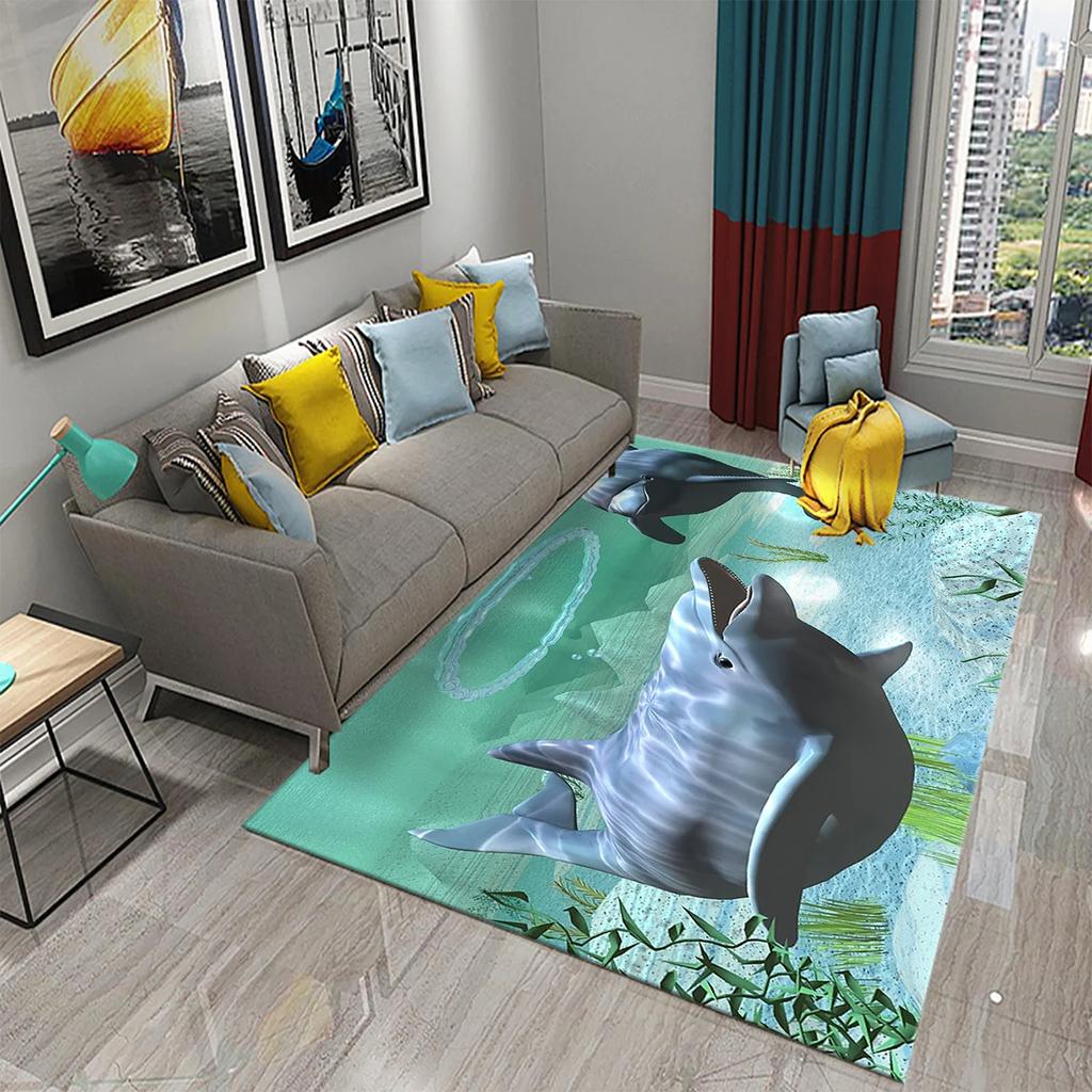 3D Fantasy Dolphin Carpet for Living Room Bedroom Kids Rug Dolphin Series Carpet Hallway Floor Mat Bathroom Kitchen Non-slip Rug