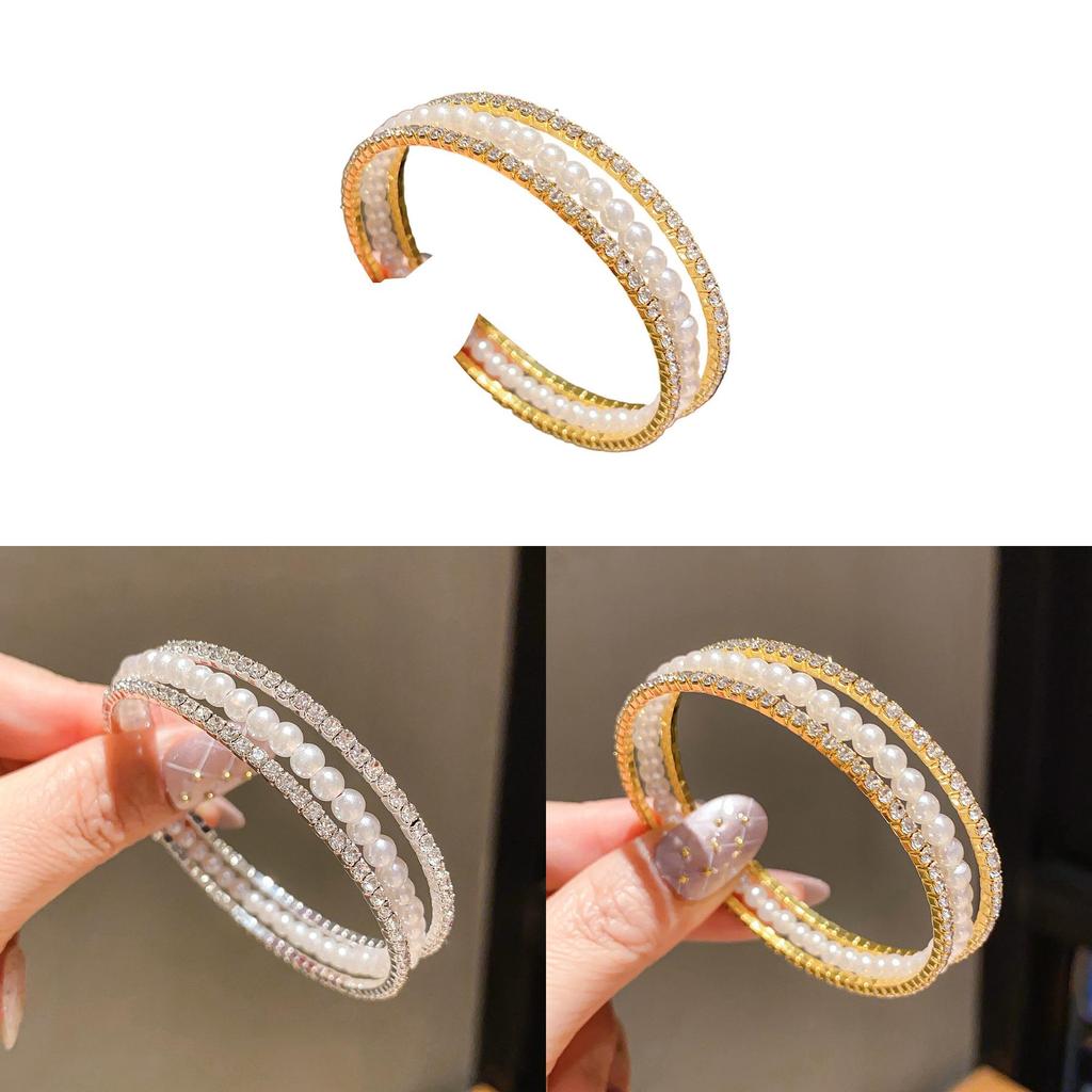 Pearl Beaded Threelayer Open Bracelet With Rhinestone Embellishments For Elegant Womens Jewelry